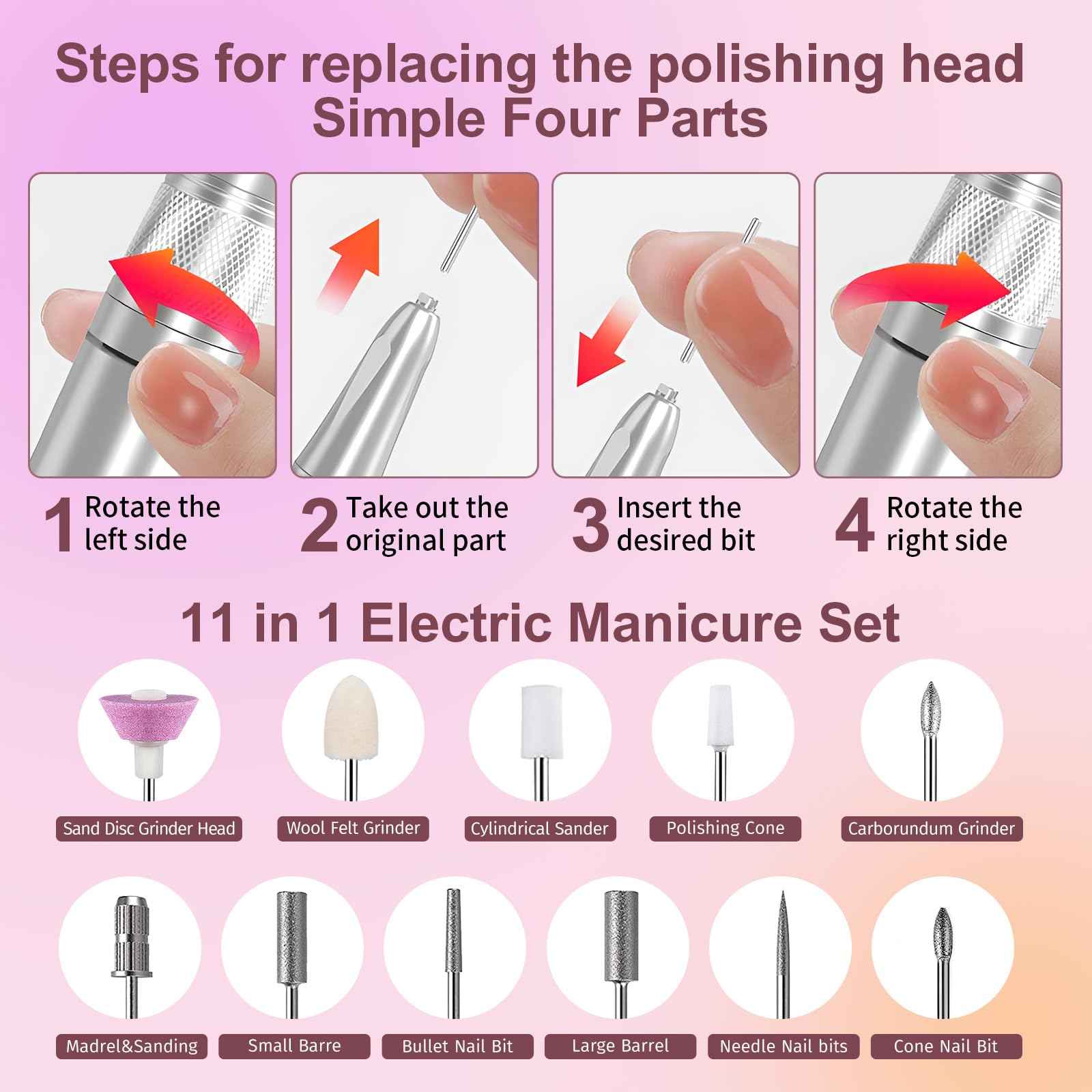 Electric Professional Purple Cordless Portable Nail File 35000RPM Gel Polish Remover Rechargeable Drill Kit for Home Salon Manicure Pedicure