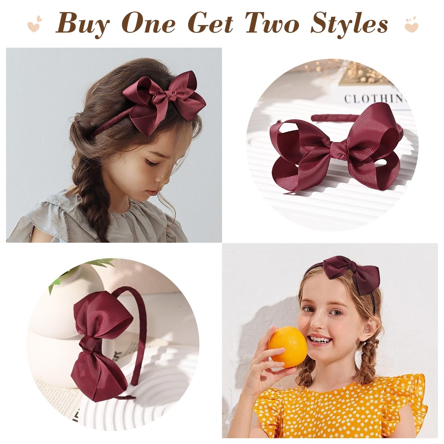 DEEKA 2 PCS 4" Burgundy Bow Headband Grosgrain Ribbon Hair Bows for Toddlers Hair Band Accessories for Little Girls Kids Set of 2 -Burgundy