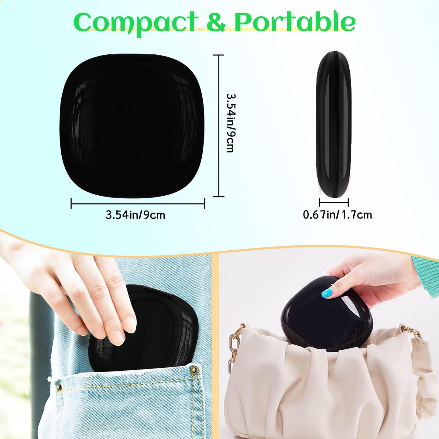 Compact Travel Makeup Mirror, Rechargeable 1X/10X Magnifying Compact Mirror with Dimmable Light, 2-Sided Handheld Portable Folding Mirror, Mini Makeup Mirror for Purse, Pocket, Gifts (Black)