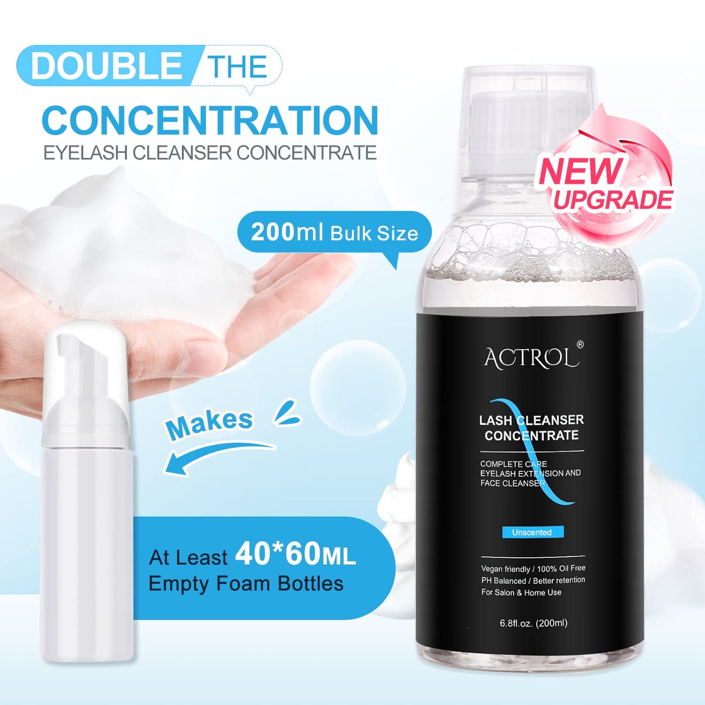 ACTROL Eyelash Cleanser Concentrate 200ml Unscented Professional Lash Shampoo Foaming Cleanser Lash Wash Concentrate for Extensions Lashes with Salon Home Care-Makes 40 Bottles