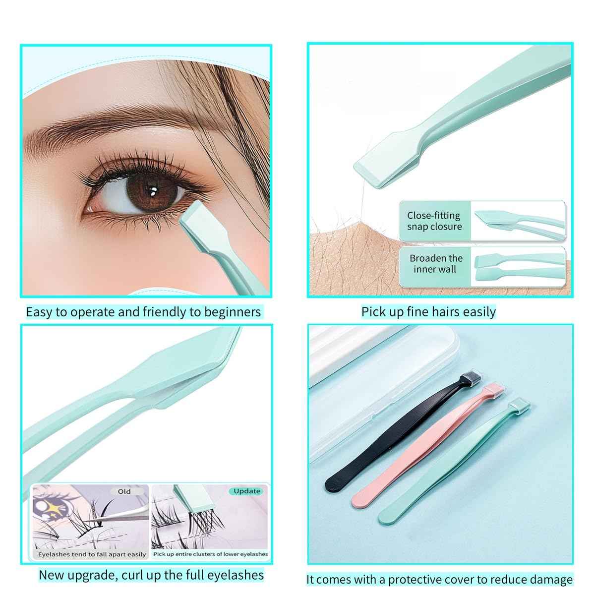 Lash Tweezers for Eyelash Extensions 3Pcs Lash Applicator Tools Stainless Steel DIY Eyelash Extensions Wisp Application Eyelash Tweezers for Lower Lashes Extensions (Black,Pink,Green)