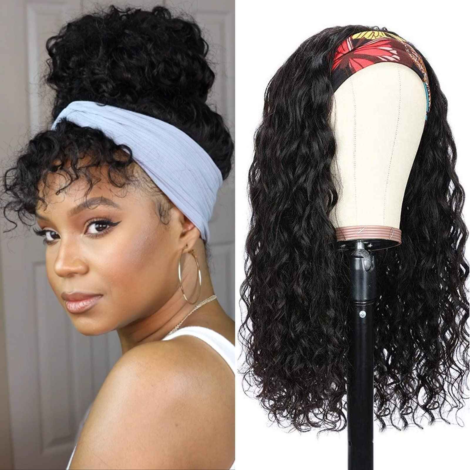 Claudianie Water Wave Headband Wig Human Hair for Black Women 12 Inch Wet and Wave Headband Wig Brazilian Virgin Hair Glueless None Lace Front Water Wave Wigs Human Hair Natural Black 150% Density