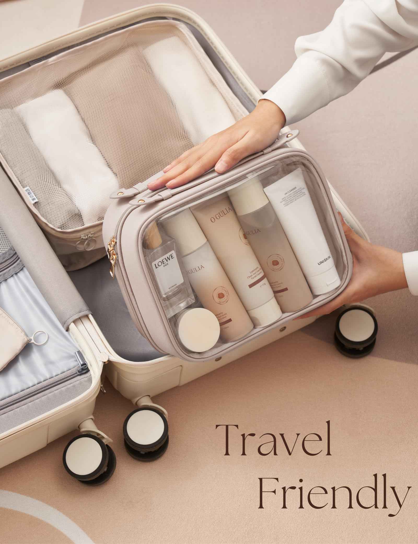 Oaque Clear Cosmetic Bag Double Layer Travel Toiletry Bag Clear Makeup Bag Case with 4 Compartments, Transparent Travel Bag for Toiletries, Large Toiletry Bag for Women Cosmetic Case (Taupe, Large)