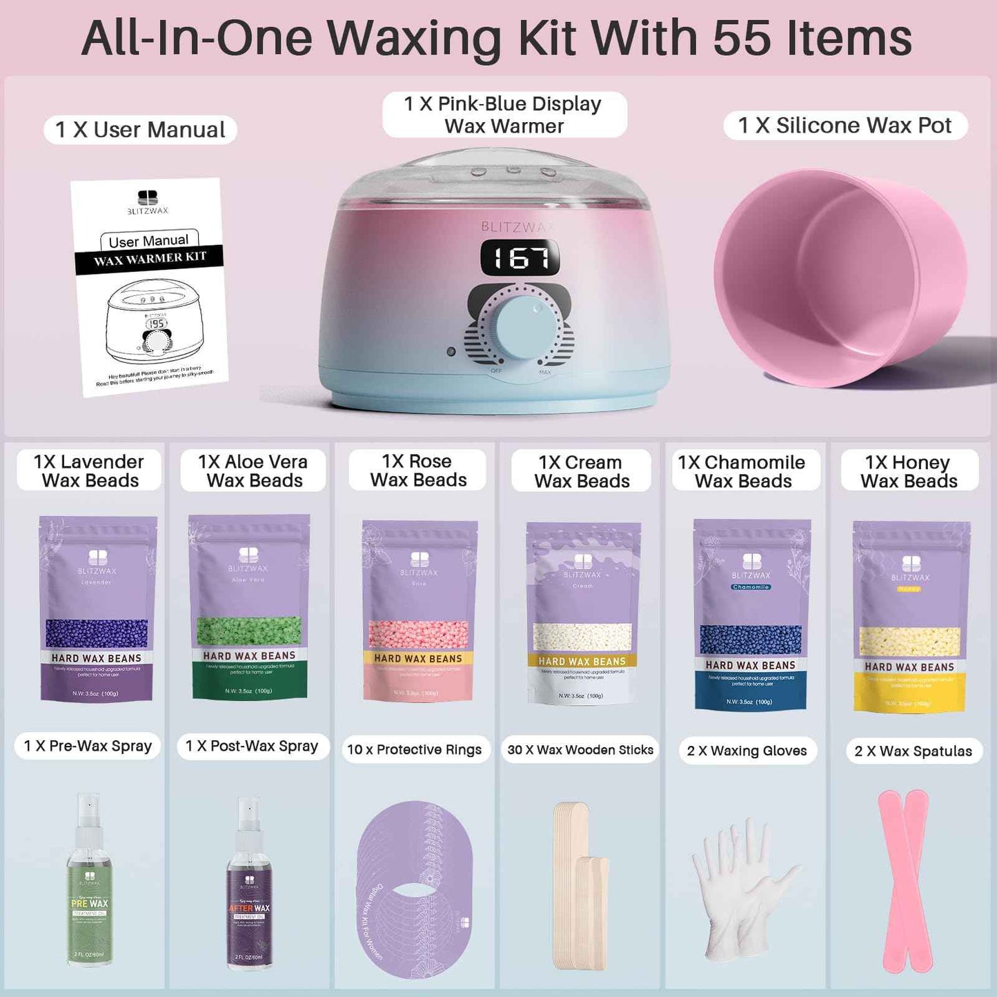 BLITZWAX Brazilian and Bikini Waxing Kit for Women, Hard Wax Warmer for Face, Legs and Body, At Home Hair Removal Kit, Beginner Friendly, Quick Heating, Pink and Blue Gradient Color