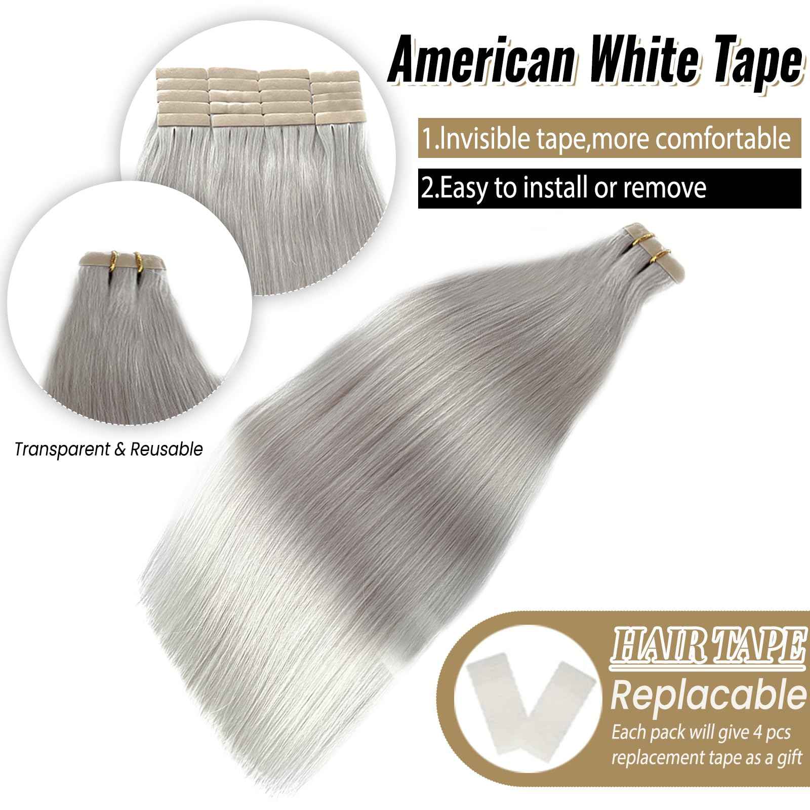 Platinum Silver Invisible Seamless Tape in Hair Extensions Human Hair 16inch Silver Grey Double Sided Pu Hair Extensions Tape ins Human Hair for Women 50g/Pack