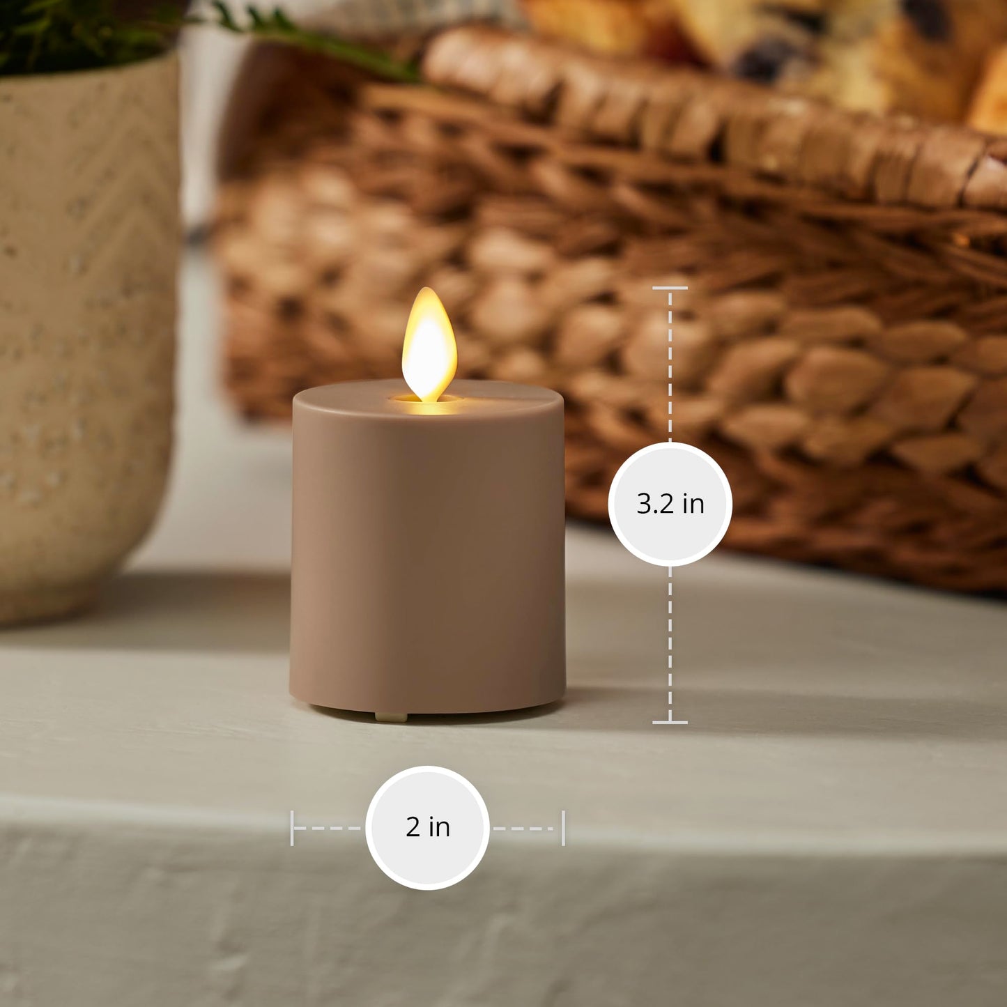 Luminara Timeless Taupe Outdoor Moving Flame Votive Realistic LED Candle (2"x3.2"), IPX4 Flat Smooth Matte Plastic Finish, Battery Operated (2 AAA) Timer