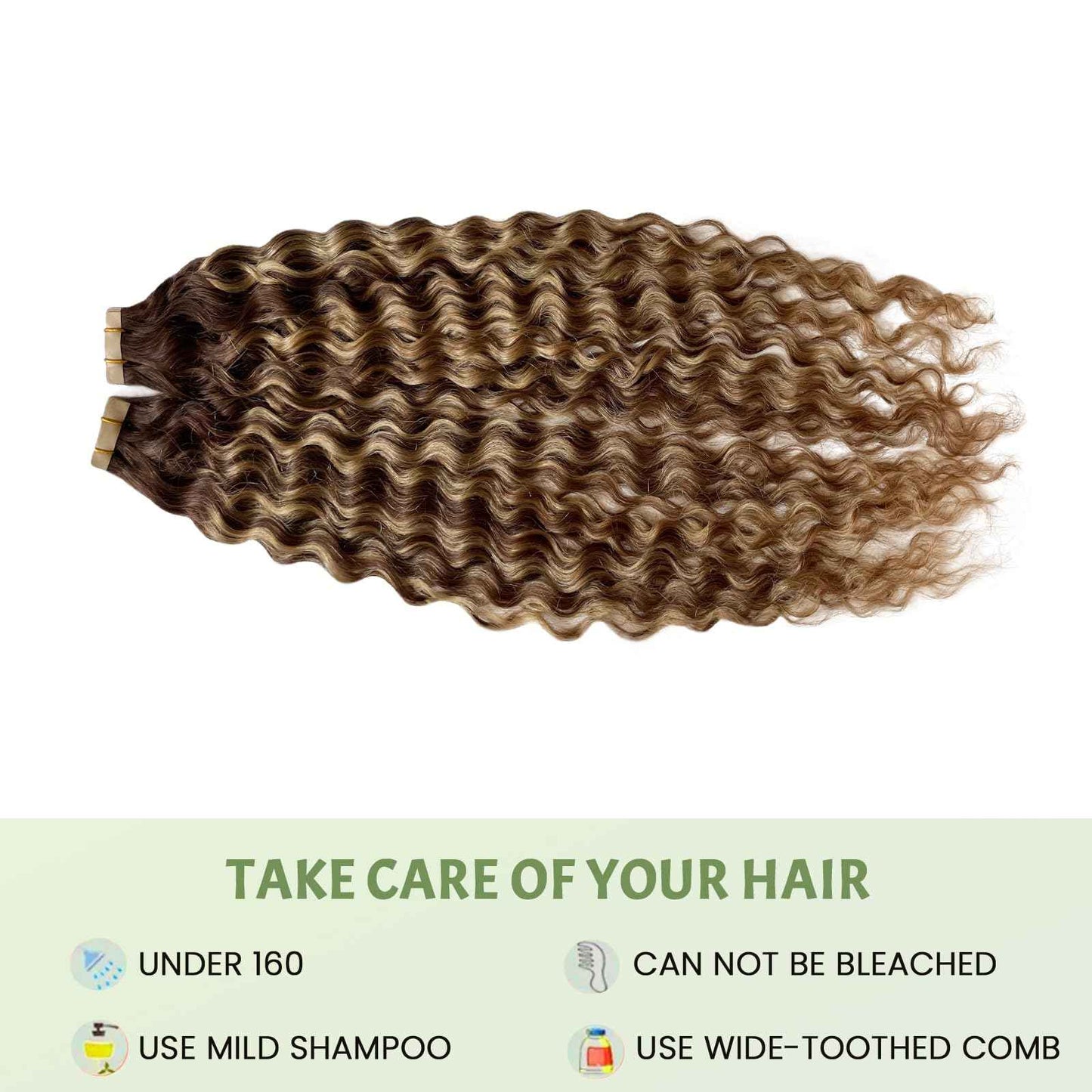 Water Wave Tape in Hair Extensions Human Hair, Balayage Chocolate Brown to Caramel Blonde Curly Tape in Hair Extensions Skin Weft Seamless Invisible Glue in Hair Extension 14 Inch 20pcs 50 Grams