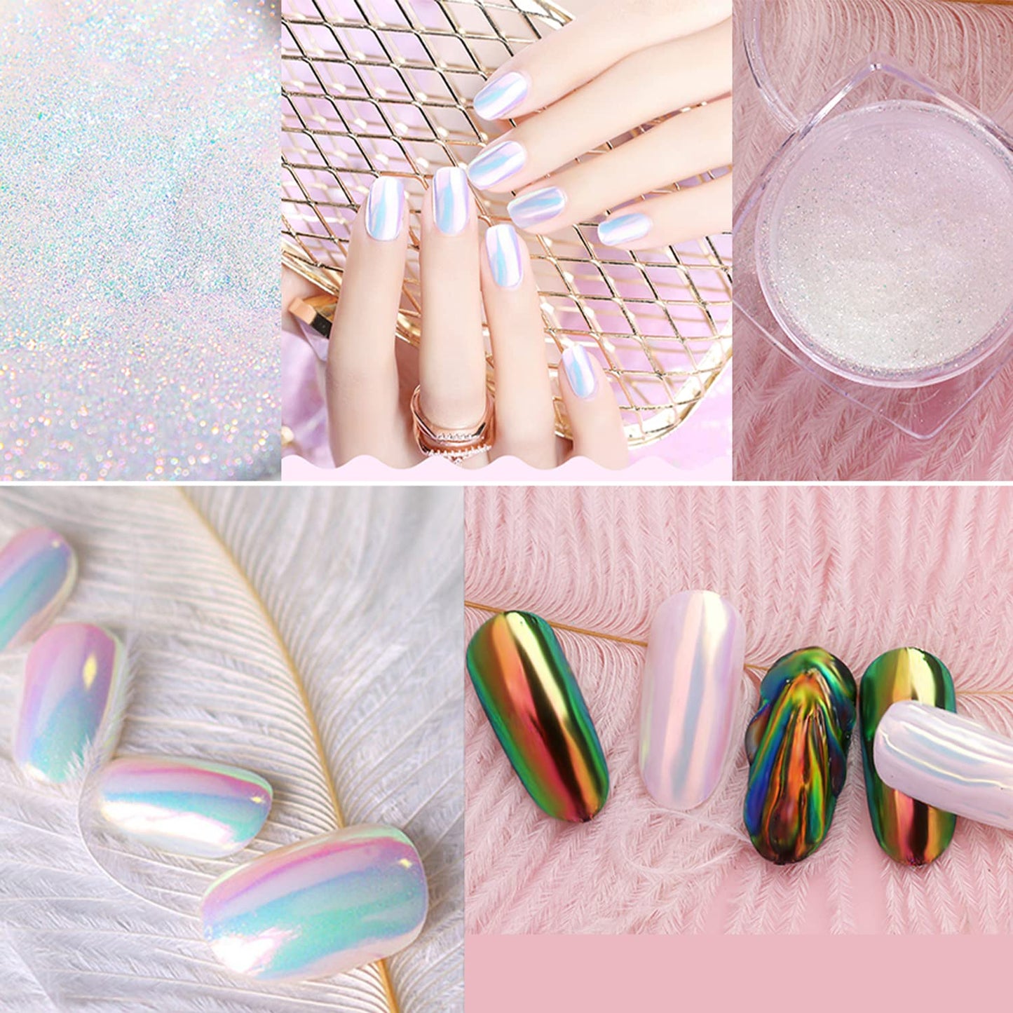 Mermaid Chrome Nail Powder, 2 Jars Neon Iridescent Chrome Powder Aurora Nail Powders Mermaid Pearl Magic Mirror Glitter Effect Pigment Powder Dust Manicure Tips with Sponge Applicators