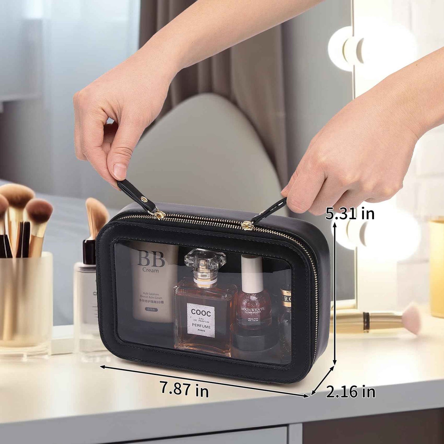 Pinkmik Clear Makeup Bag Transparent Travel Case for Cosmetics and Toiletries Women's Clear Car Bag with Zipper (Black, Small)