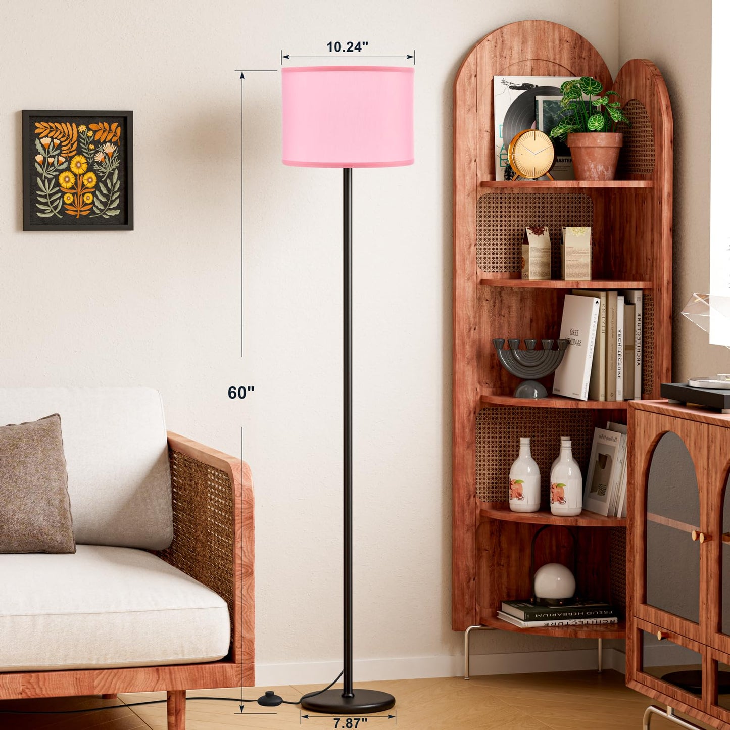 Ambimall 60'' Modern Floor Lamp with Shade, Tall Lamps for Living Room, Bedroom, Office, Dining Room, Pink Shade with Black Pole(Without Bulb)