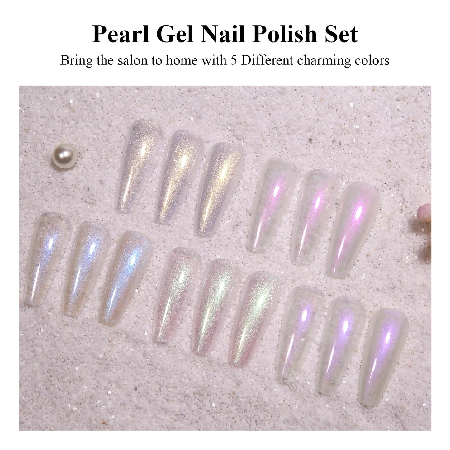 Imtiti Pearl Gel Nail Polish Set, 5 Colors Transparent Shell Shimmer Nail Gel Polish Blue Purple Rose Gold Green Mermaid Nail Drawing Gel With Black Gel Polish Spring Summer Soak Off UV Led 6ML