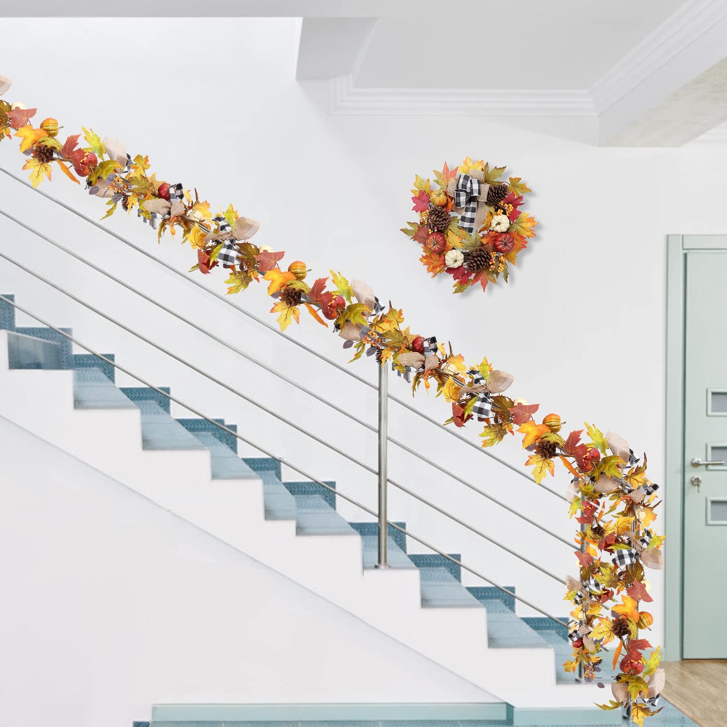 Adeeing 6 Ft Thanksgiving Fall Garland Decor, Artificial Autumn Garlands with Pumpkins, Maple Leaves, Ribbon and Pine Cone for Indoor Outdoor Fireplace Window Home Decoration