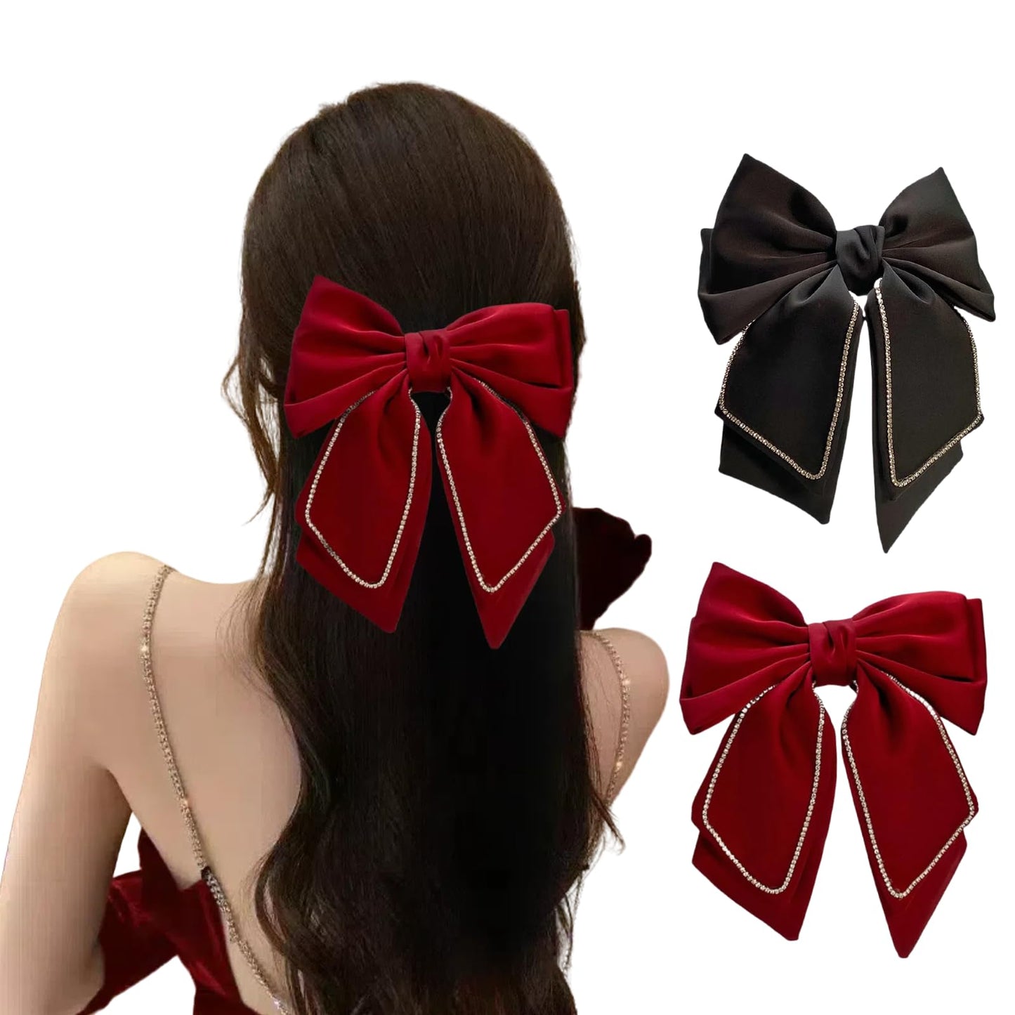 Christmas Hair Bows,Hair Bow Clip, Silky Satin Hair Bows for Women Hair Ribbons Oversized Long Tail Black Hair Bow and Red Hair Bow Hair Barrettes, Metal Clips Bowknot Hair Accessories(Red)