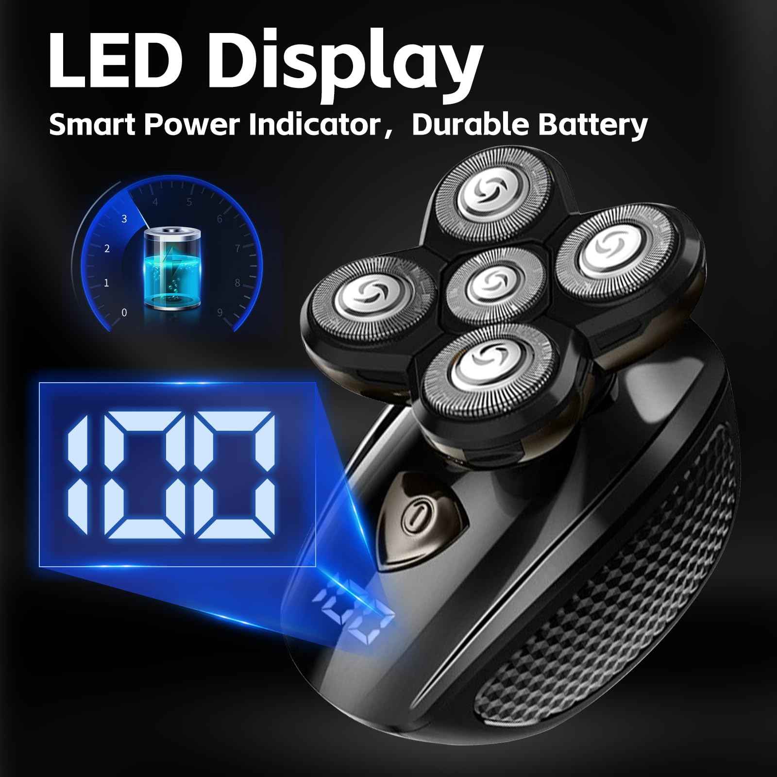 Bald Head Shaver,Electric Head Shavers for Bald Men, 5-in-1 Head and Face Grooming Kit, Waterproof Cordless Rotary Razor and USB Rechargeable,Gifts for Men