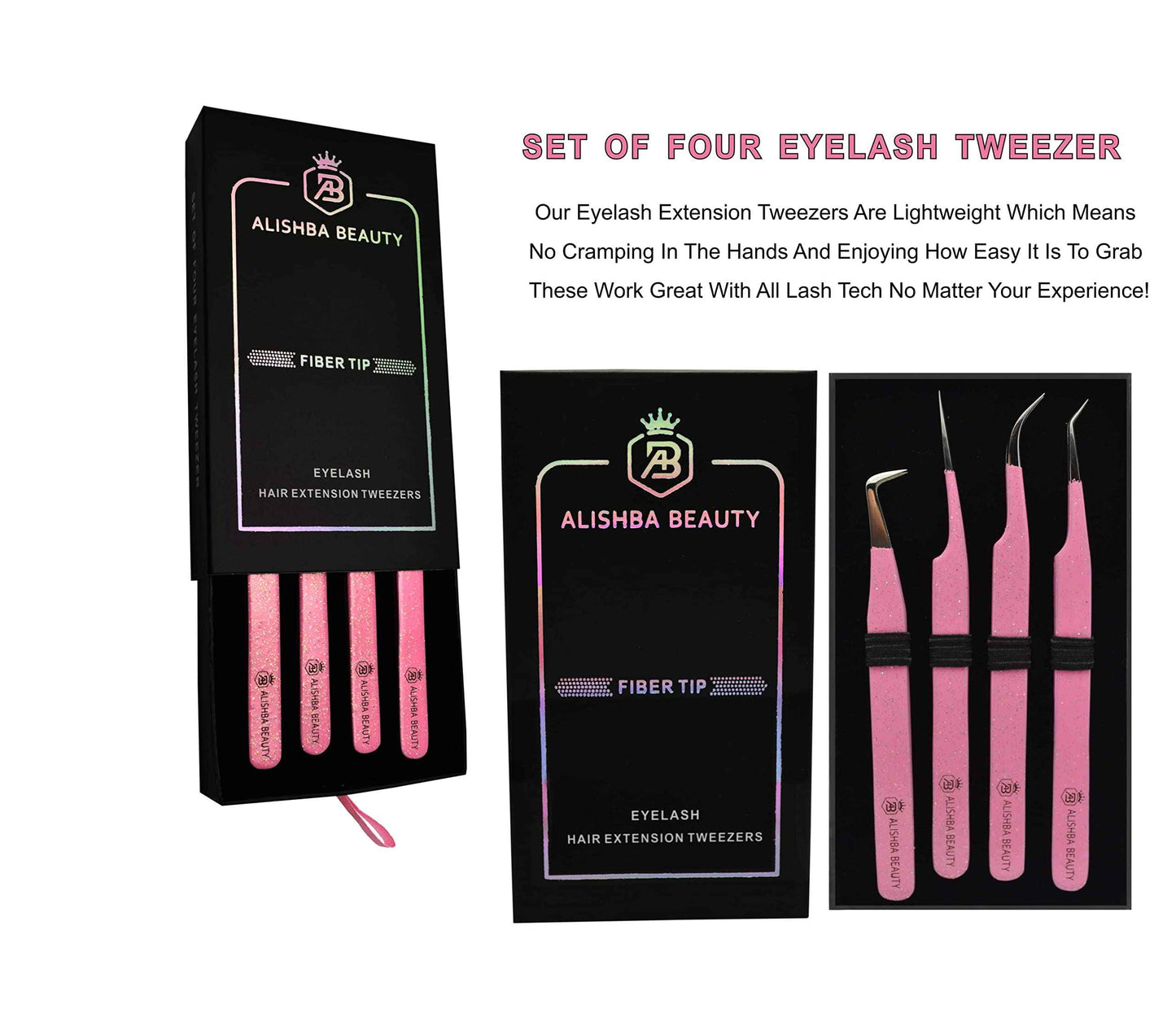 LUMESS Alishba Beauty Eyelash Extension Tweezers, Precision Fiber Tip Grip Japanese Stainless Steel (Set of 4 Eyelash Tweezer) (GLITTER PINK)