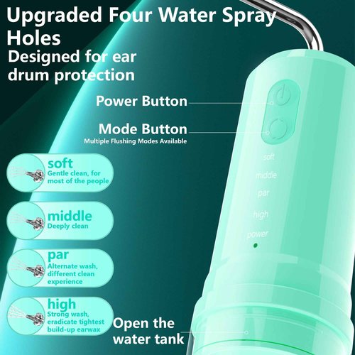 Ear Wax Removal, 2 in 1 Electric Ear Cleaning Kit with 4 Pressure Modes, Portable Water Powered Ear Cleaner with Basin and Nasal Nozzles, Ear Irrigation Flushing System for Adults and Kids, Green