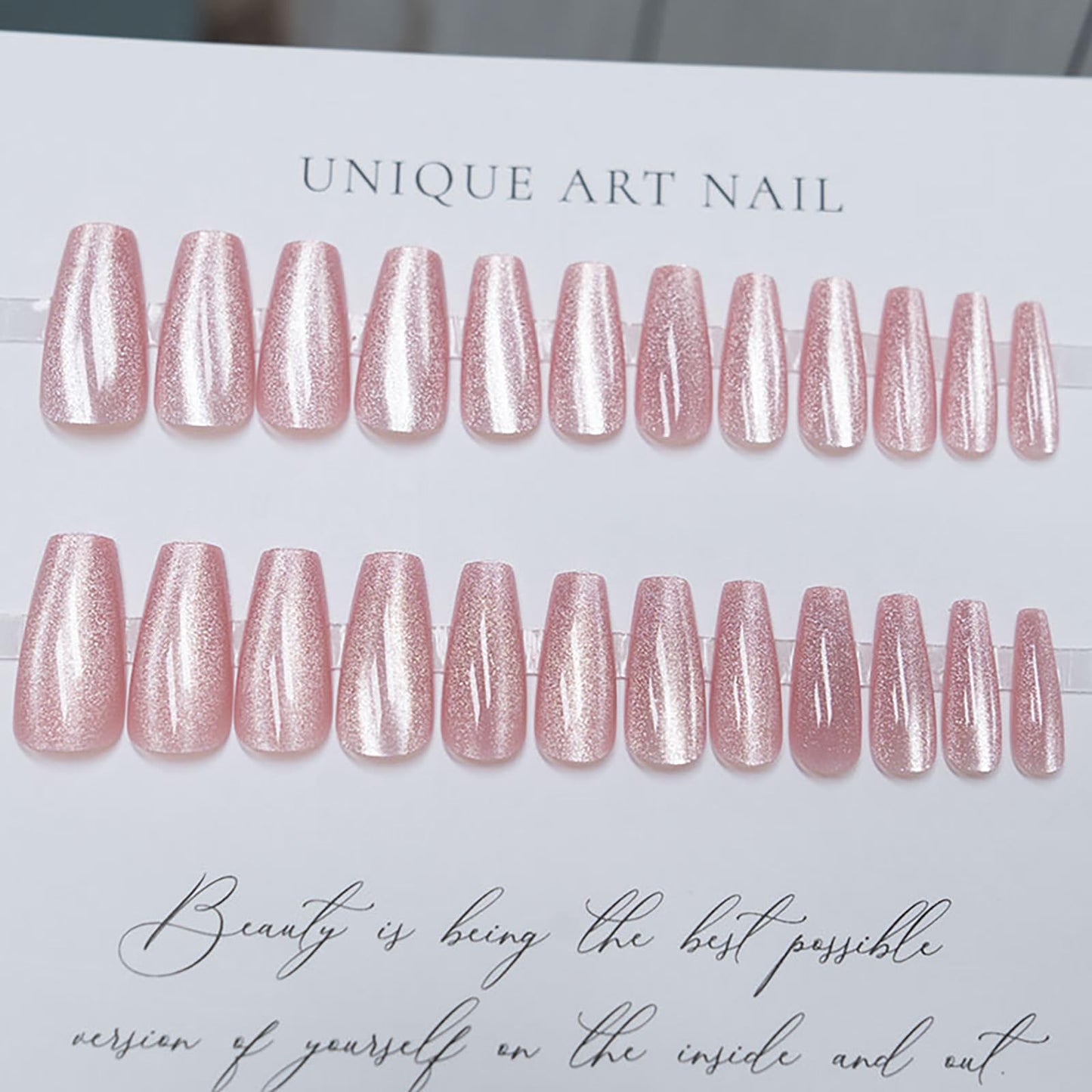 Pink Press on Nails Long Coffin Fake Nails Cat Eye Press on Nails Shiny Acrylic Nails with Glitter Designs Full Cover Glossy False Nails Stick on Nails Valentine’s Press on Nails for Women and Girls