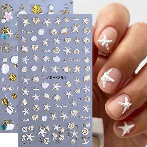 2 Sheets Summer Ocean Nail Art Stickers Decals 5D Embossed Self-Adhesive Seashell Starfish Nail Stickers Beach Sea Creatures Nail Decals for Acrylic Nails Women DIY Manicure Sliders Supplies