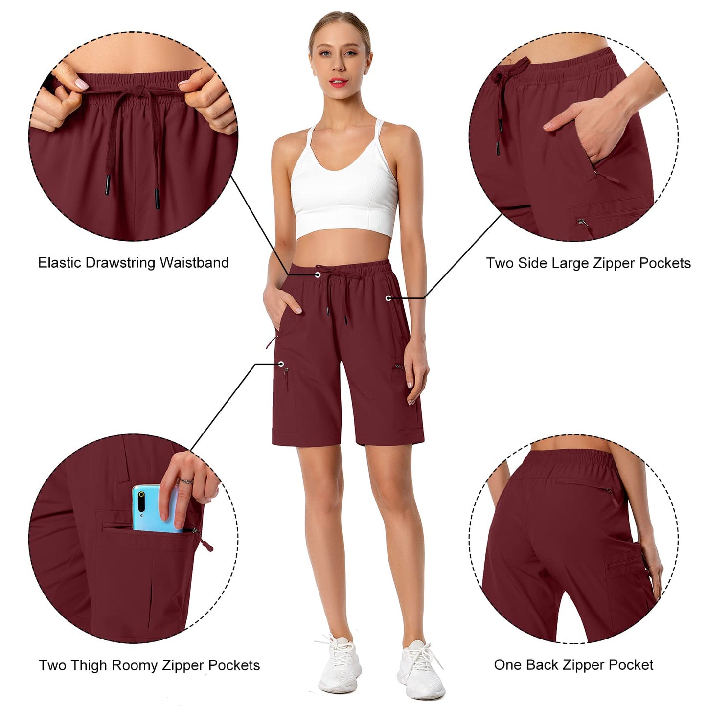 Women's Lightweight Hiking Cargo Shorts Quick Dry Athletic Shorts for Camping Travel Golf with Zipper Pockets Water Resistant Maroon