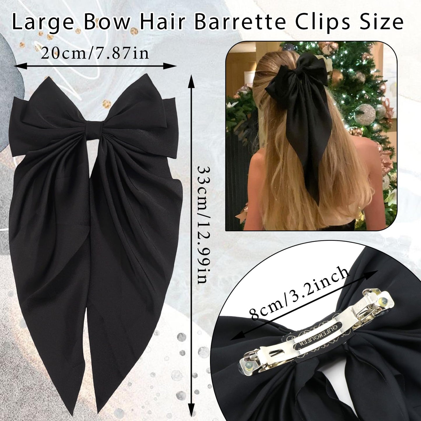 FULZTEY Hair Accessories - Bow-knot Black Barrettes with Soft Ribbons, Metal Clamp Hair Clips for Girls and Women, 6 PCS