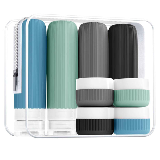 Travel Bottles for Toiletries, Leakproof Silicone Squeezable Cosmetic Liquids Bottles in Travel Size with Clear Bag, TSA Approved Refillable Cosmetic Container Kits for Shampoo and More (Blue)