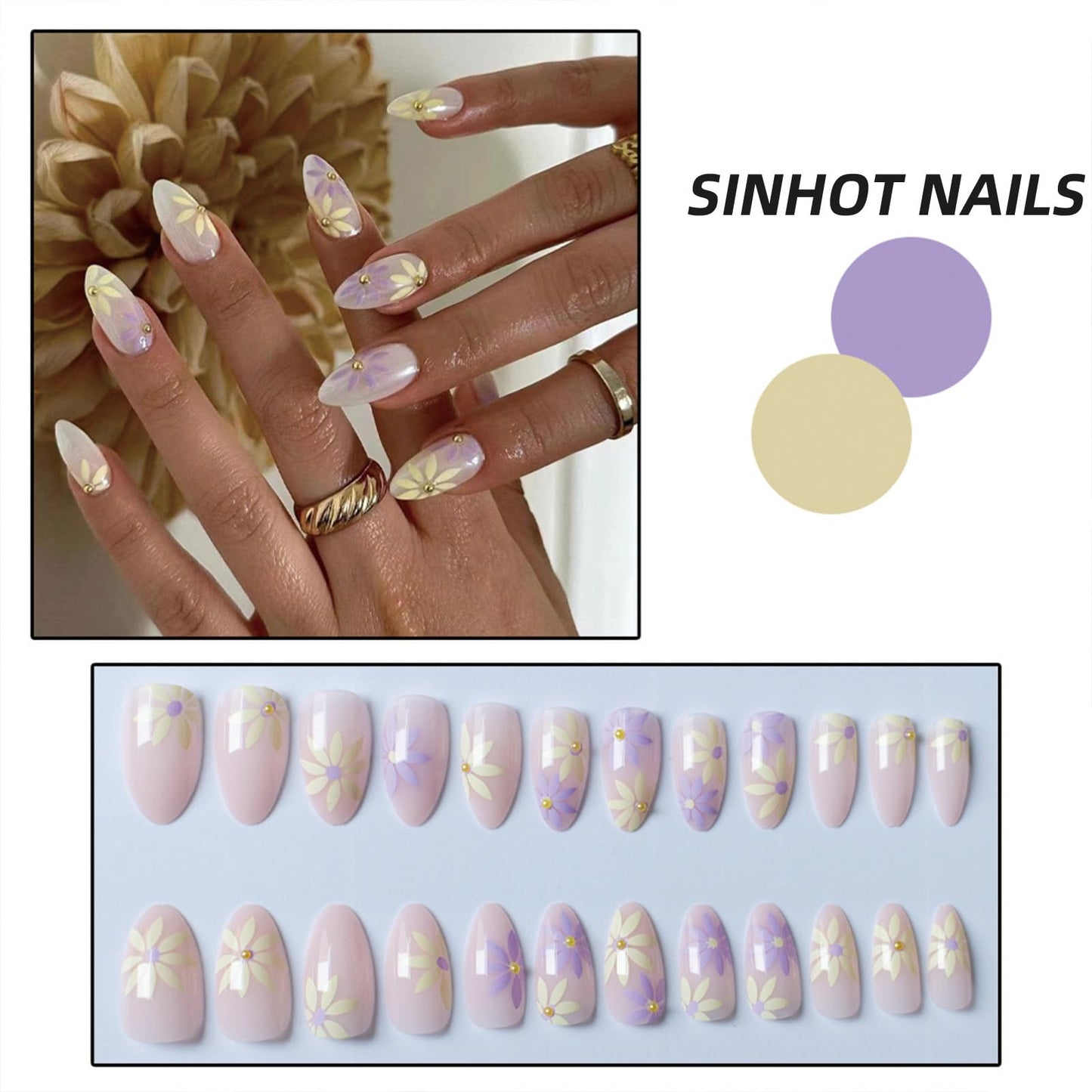 SINHOT Press on Nails Medium Almond Fake Nails Cute Flower Acrylic Nails Glossy Glue on Nails Gold Pearls Stiletto Artificial Nails Stick on False Nails with Design 24 pcs