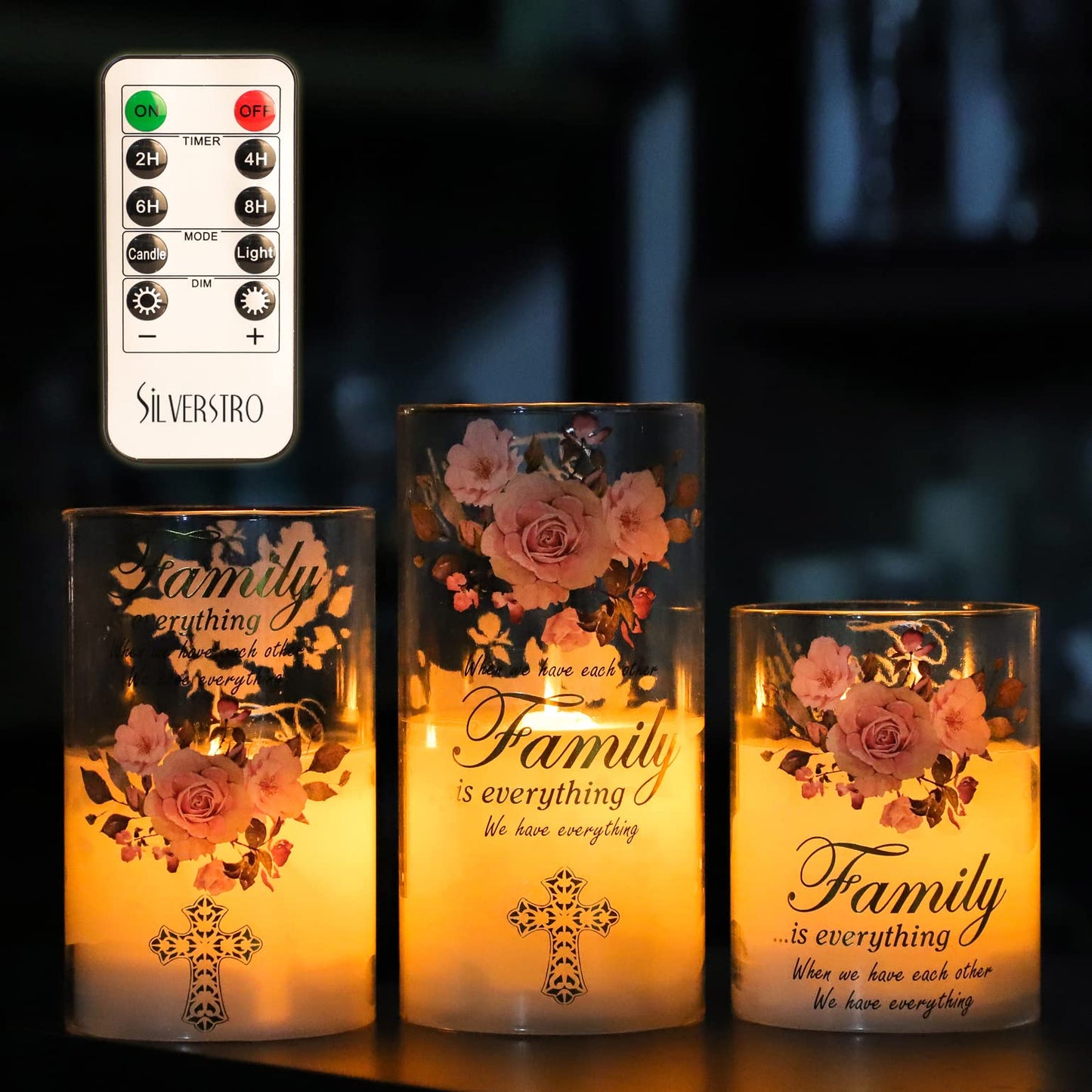 Silverstro Christmas Rose Glass Flameless Candles with Remote Flickering Real Wax LED Candles - Home Party Holiday Ocean Thanksgiving Decor - Set of 3