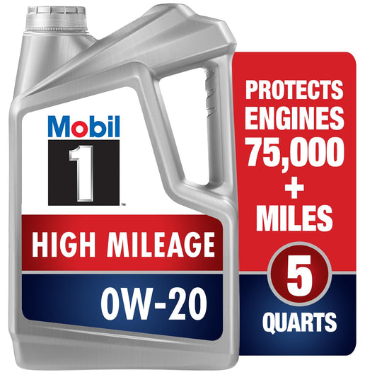 Mobil 1 High Mileage Full Synthetic Motor Oil 0W-20, 5 Quart, Gray