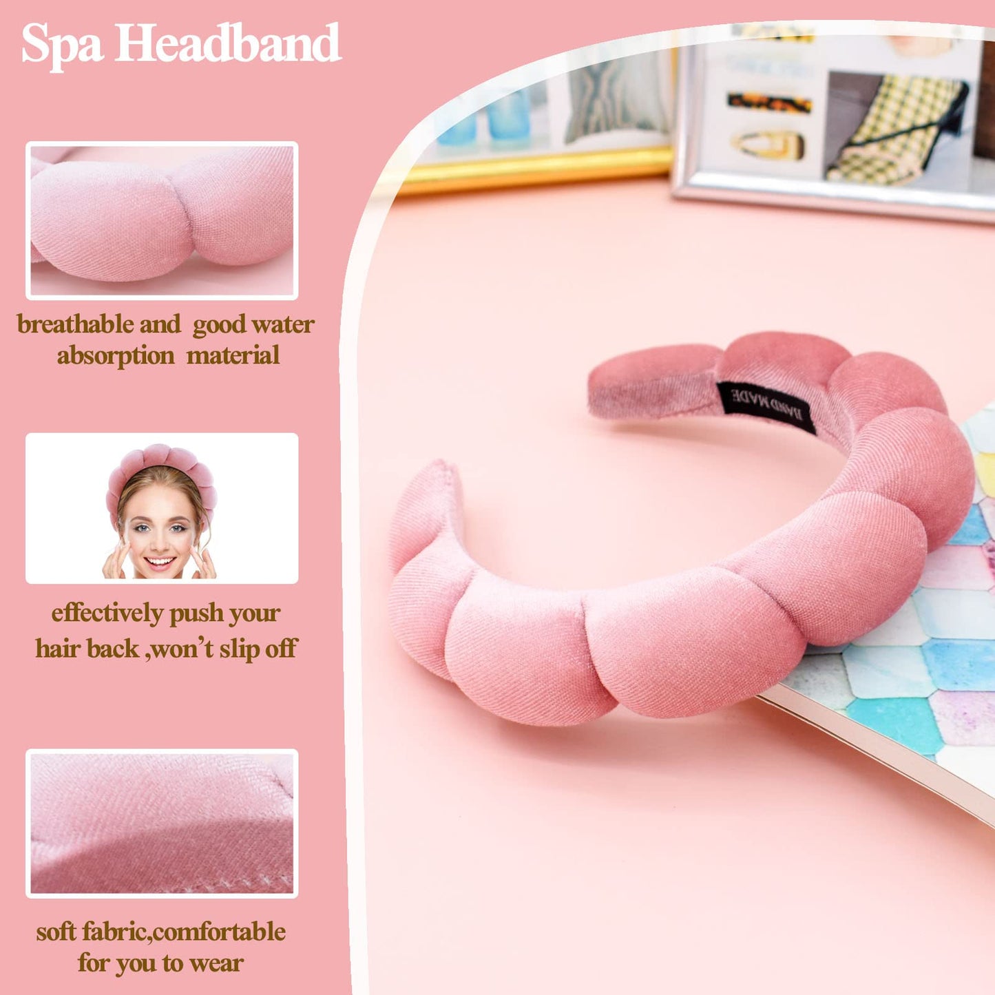 BEGOOD Spa Headband for Washing Face Skincare Headbands Sponge Makeup Headband Terry Towel Cloth Hairband Bubble Head Band Puffy Headwear Hair Accessory (Pink)