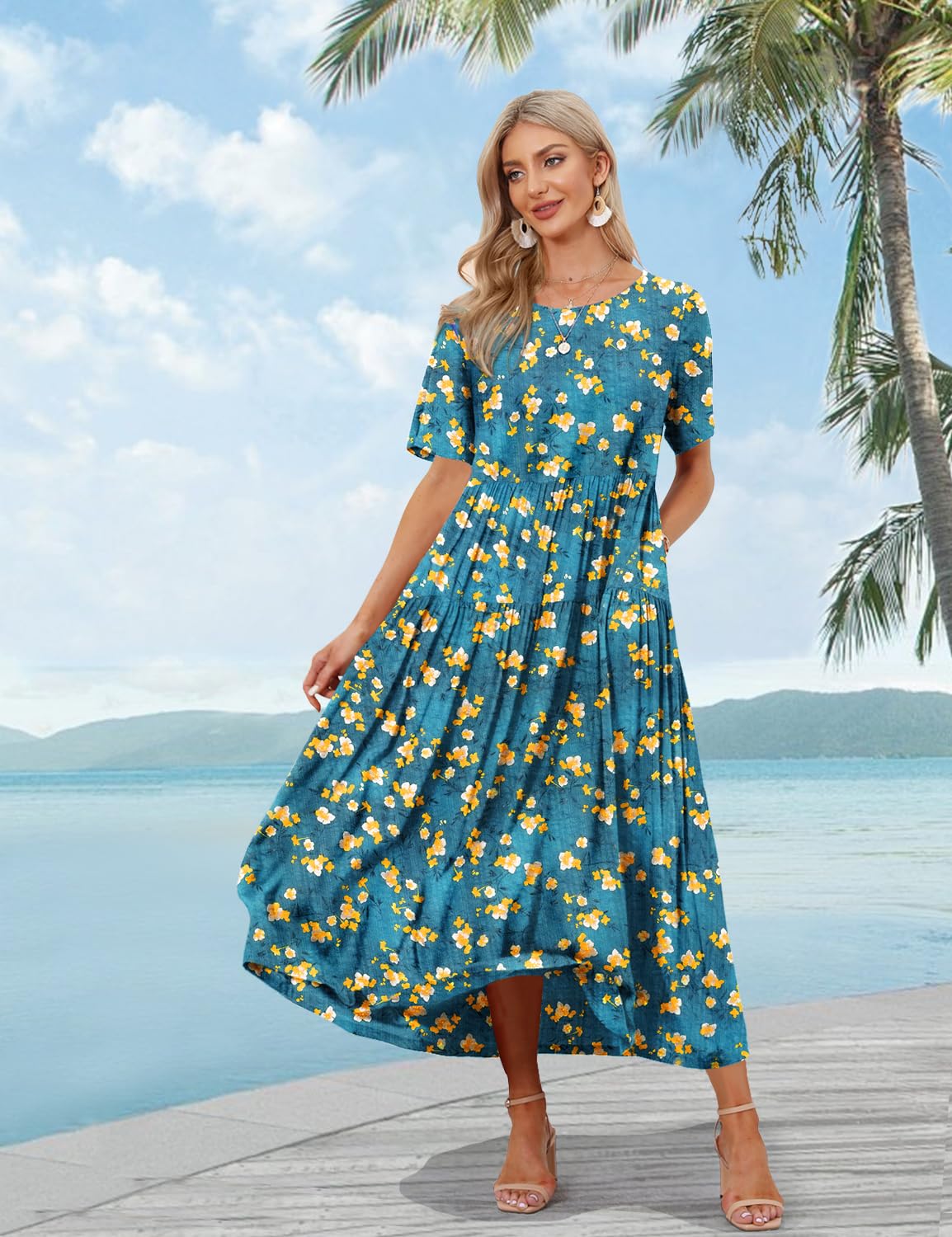 YESNO Women Casual Loose Bohemian Floral Dress with Pockets Short Sleeve Long Maxi Summer Beach Swing Dress S EJF CR416