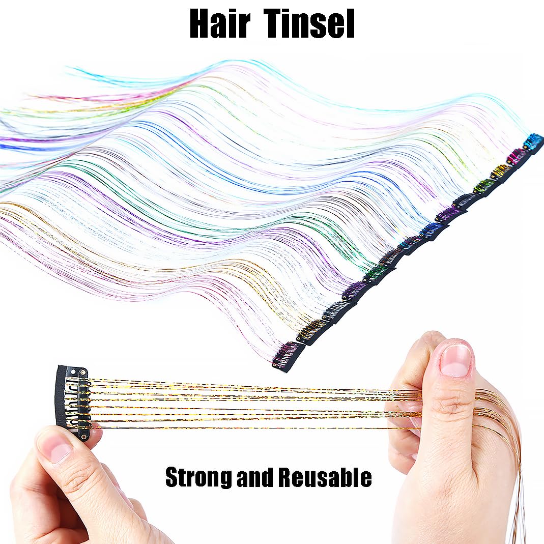 6pcs Hair Tinsel Clip in Rainbow Fairy Hair Tinsel Kit 20Inch Glitter tinsel Hair Extensions Clip in Hair Tinsel for Christmas New Year Halloween Party Sparkly Hair Accessories for Women Girls (Rose)