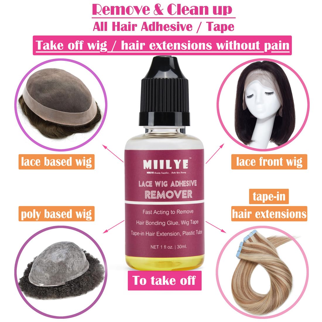 MIILYE Wig Glue for Front Lace Wig and Lace Glue Remover Set, Invisible Waterproof Hair Replacement Bonding Glue + Solvent + Lace Melting Band + Glue Application Brush