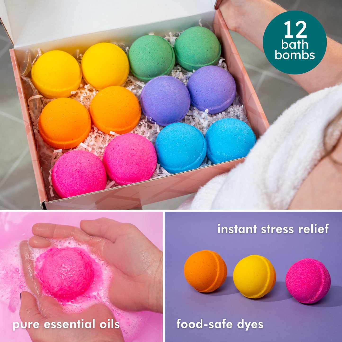 Anovina 12XL Bath Bombs Gift Set for Women and Men. USA Made Bath Fizzies with Natural Essential Oils and Epsom Salt for Aromatherapy and Spa