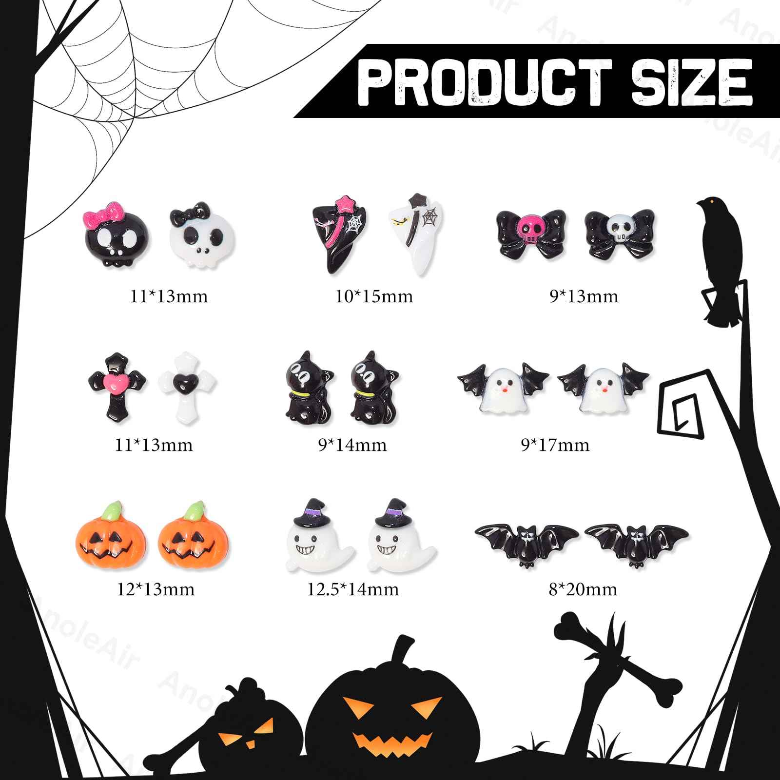 Halloween Resin Charms, 3D Vintage Punk Spider Skull Pumpkin Ghost Bat Nail Art Charms, Halloween Gothic Mini Figurines Charm for Nail Art Supplies DIY Crafts Accessories