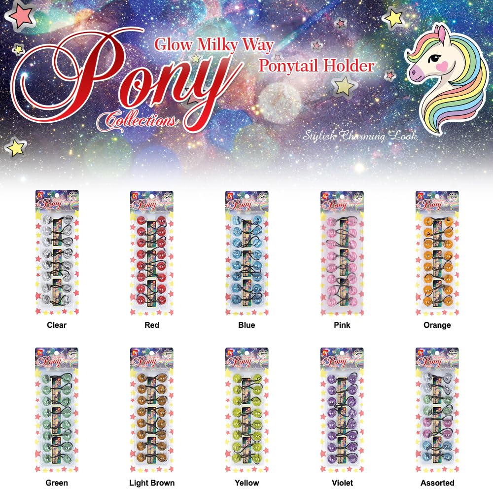 16 Glitter Hair Ties with Balls for Girls - 20mm Twinbead Ponytail Holders, Bubble Bobble Hair Accessories for Kids & Toddlers (Glow in the Dark Milky Way - Clear)