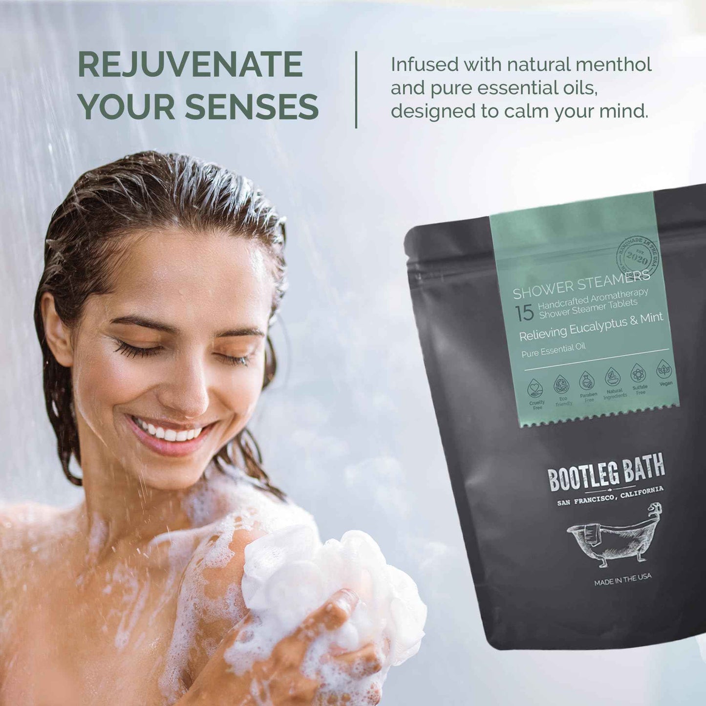 BOOTLEG BATH Shower Steamers Aromatherapy Eucalyptus and Mint 15 Pack, 100% Pure Essential Oil, All Natural, for Men and Women, Made in USA