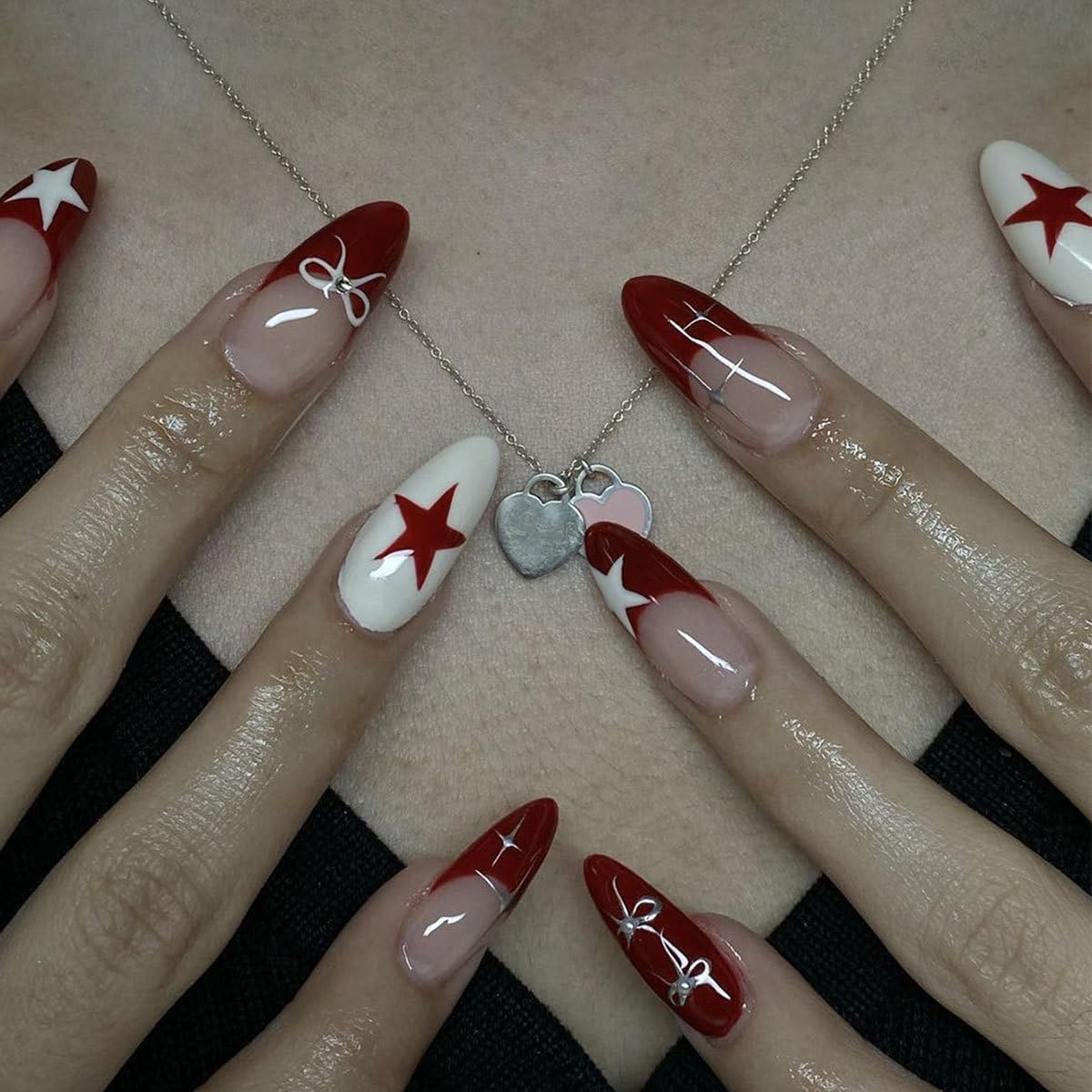 Press on Nails Medium Almond French Tip Fake Nails Full Cover Red White False Nails with Stars Bow Designs Sliver Y2K Press on Nails Rhinestones Glossy Acrylic Nails Artificial Nails for Women Girls