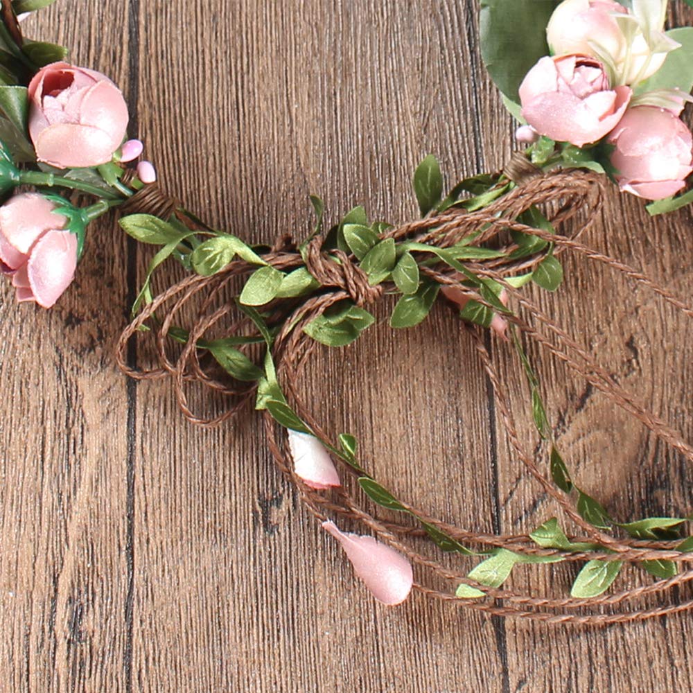 Rose Flower Headband Floral Leaf Crown Hair Bands Leaves Berry Vine Wreath Women Wedding Bridal Hair Hoop Boho Hairband Headpiece Party Decoration Cosplay Costume Cute Handmade Hair Accessories Pink