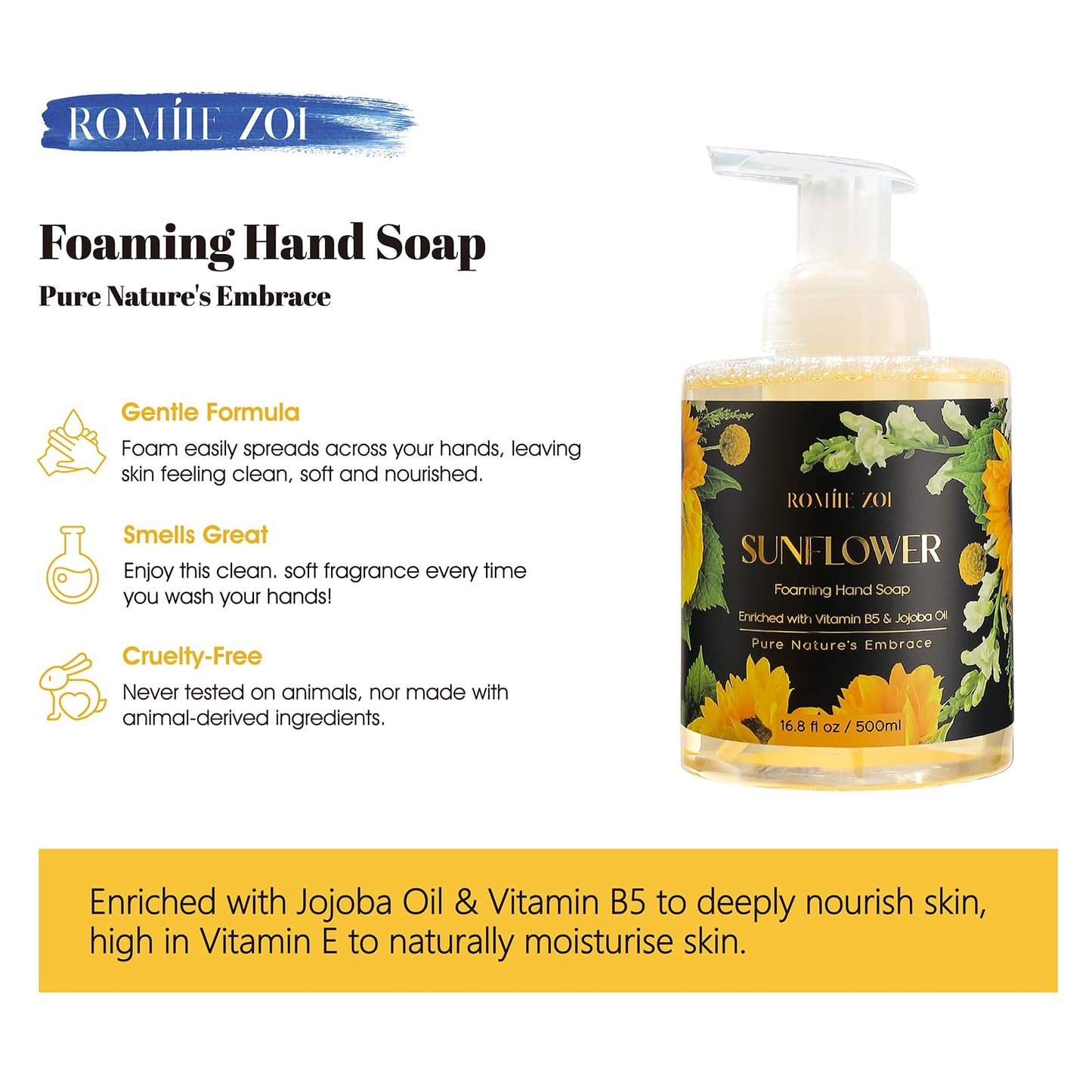 ROMIIE ZOI Foaming Hand Soap with Gift Box- Sunflower - Biodegradable Formula Moisture & Revitalize - 500ml/ 16.8oz(Pack of 2)