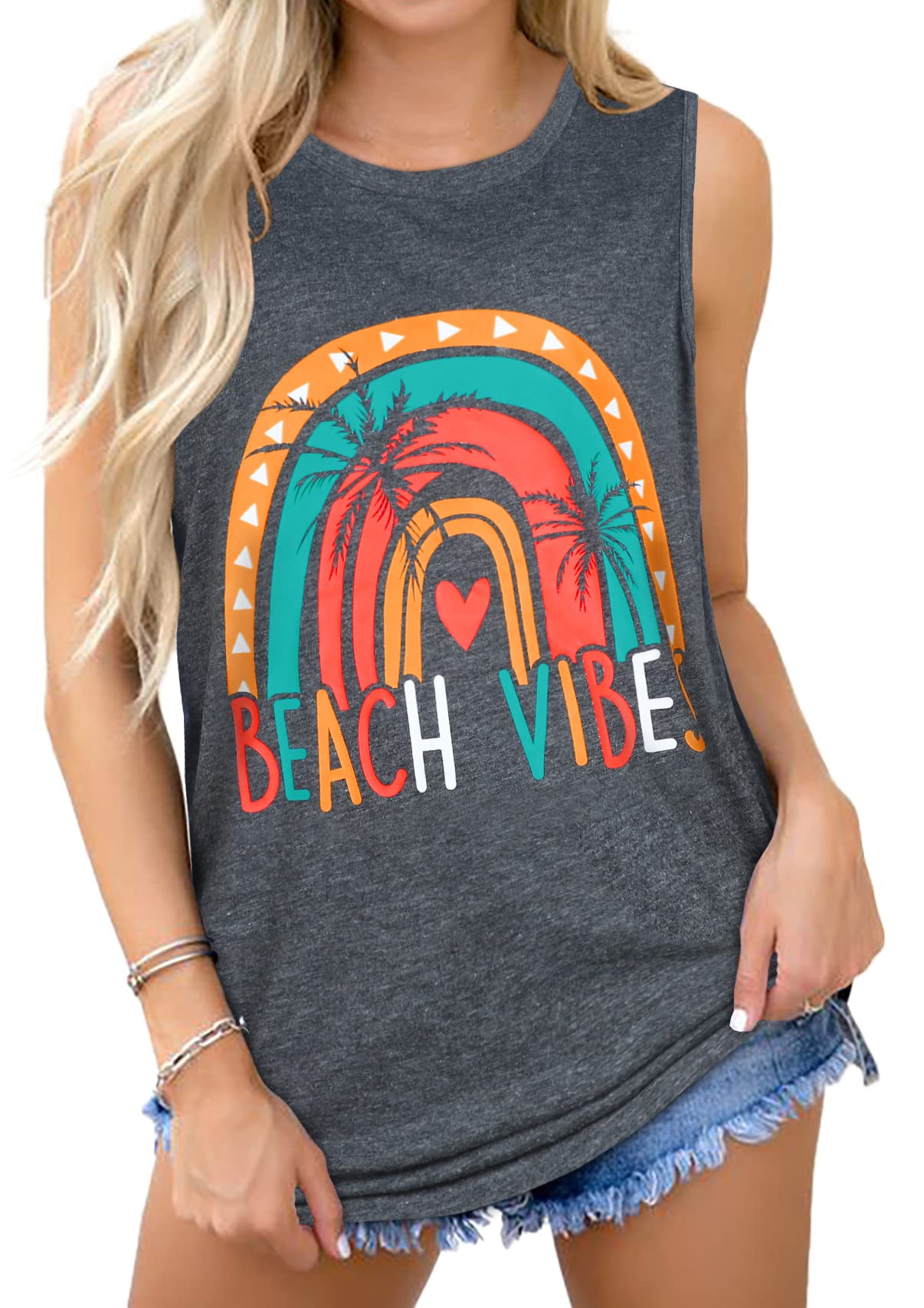 Summer Tank Tops for Women Graphic Rainbow Sleeveless Casual Loose Blouse(Deep Gray Beach, S)