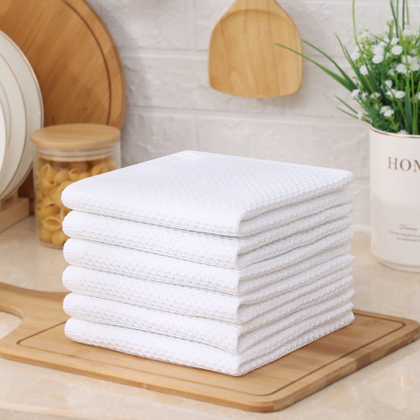 Kitinjoy 100% Cotton Kitchen Dish Cloths, 6 Pack Waffle Weave Dish Towels Ultra Soft Absorbent Quick Drying Dish Rags, 12 X 12 Inches, White