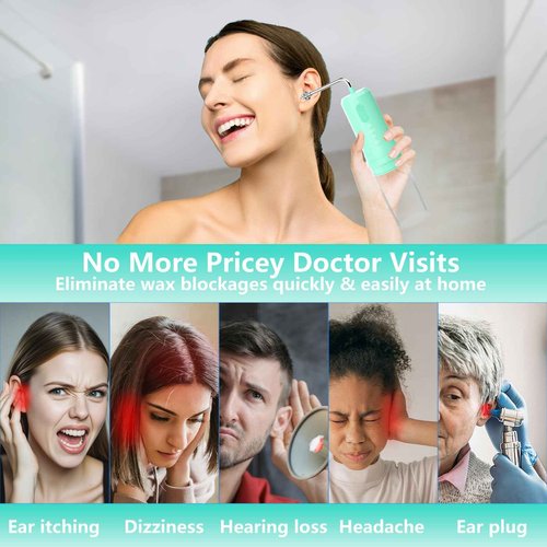 Ear Wax Removal, 2 in 1 Electric Ear Cleaning Kit with 4 Pressure Modes, Portable Water Powered Ear Cleaner with Basin and Nasal Nozzles, Ear Irrigation Flushing System for Adults and Kids, Green