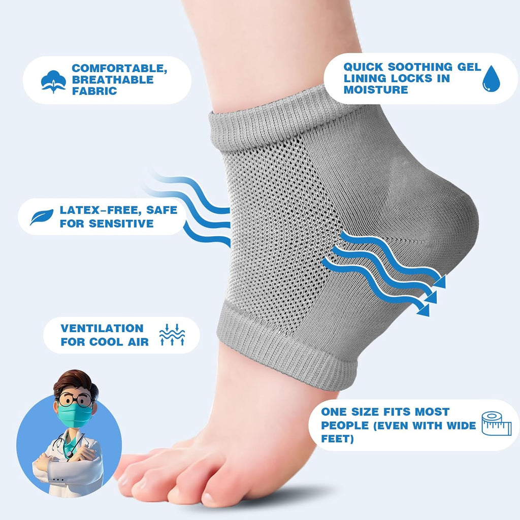 Moisturizing Heel Socks - 6 Pairs for Dry Cracked Feet, Toeless Gel Socks for Hydration and Repair