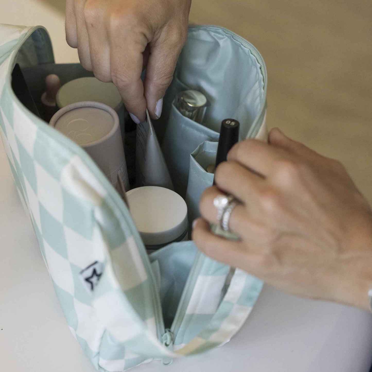 Tiny Twinkle Waterproof Travel Toiletry & Makeup Bag Organizer | Large Capacity Cosmetic Case with Compartments & Handle, A Thoughtful Travel Companion for Women（Sage Checkers