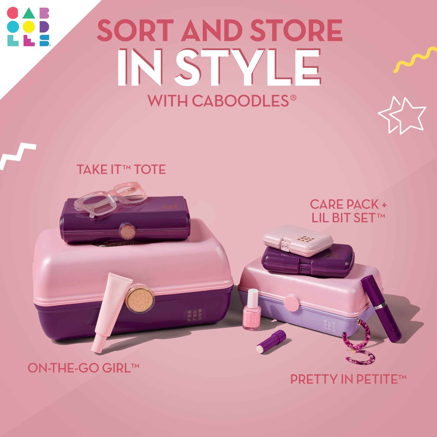 Caboodles Pretty in Petite Makeup Box, Two-Tone Pink on Lavender, Hard Plastic Organizer Box, 2 Swivel Trays, Fashion Mirror, Secure Latch for Safe Travel