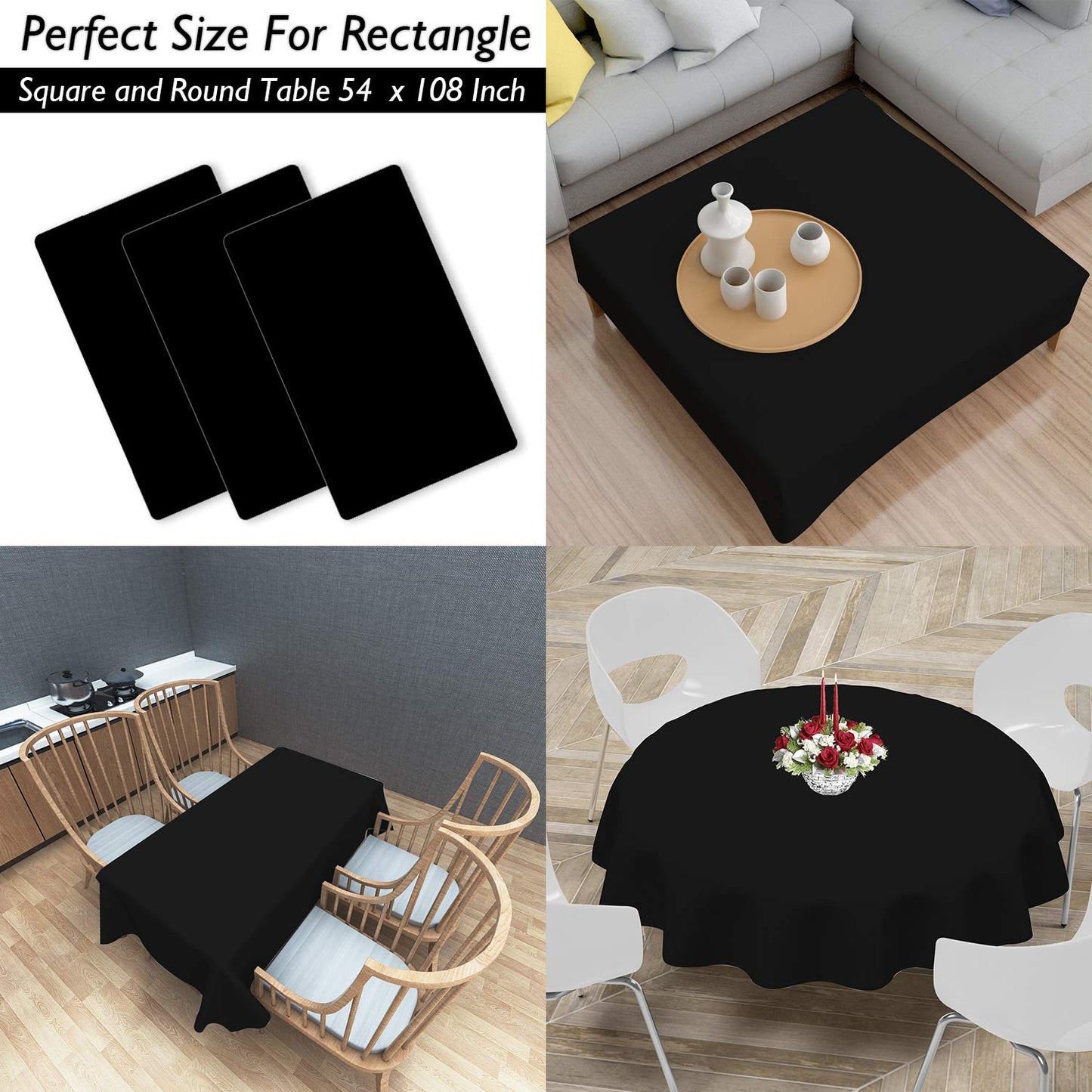 Plastic Tablecloths for Rectangle Tables 3 Pack 54" x 108" Party Table Cloths Disposable for 6 to 8 Foot Tables Indoor or Outdoor Parties Birthdays Weddings Christmas Anniversary Buffet Table Black