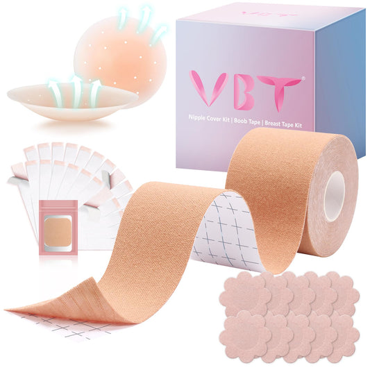 VBT Boob Tape, Body Tape for Breast Lift with 1 Breast Lift Tape, 5 Pairs Satin Breast Petals, 1 Pair Silicone Nipple Stickers, 24 PCS Double Sided Tape, Bob Tape for Large Breasts A-G Cup