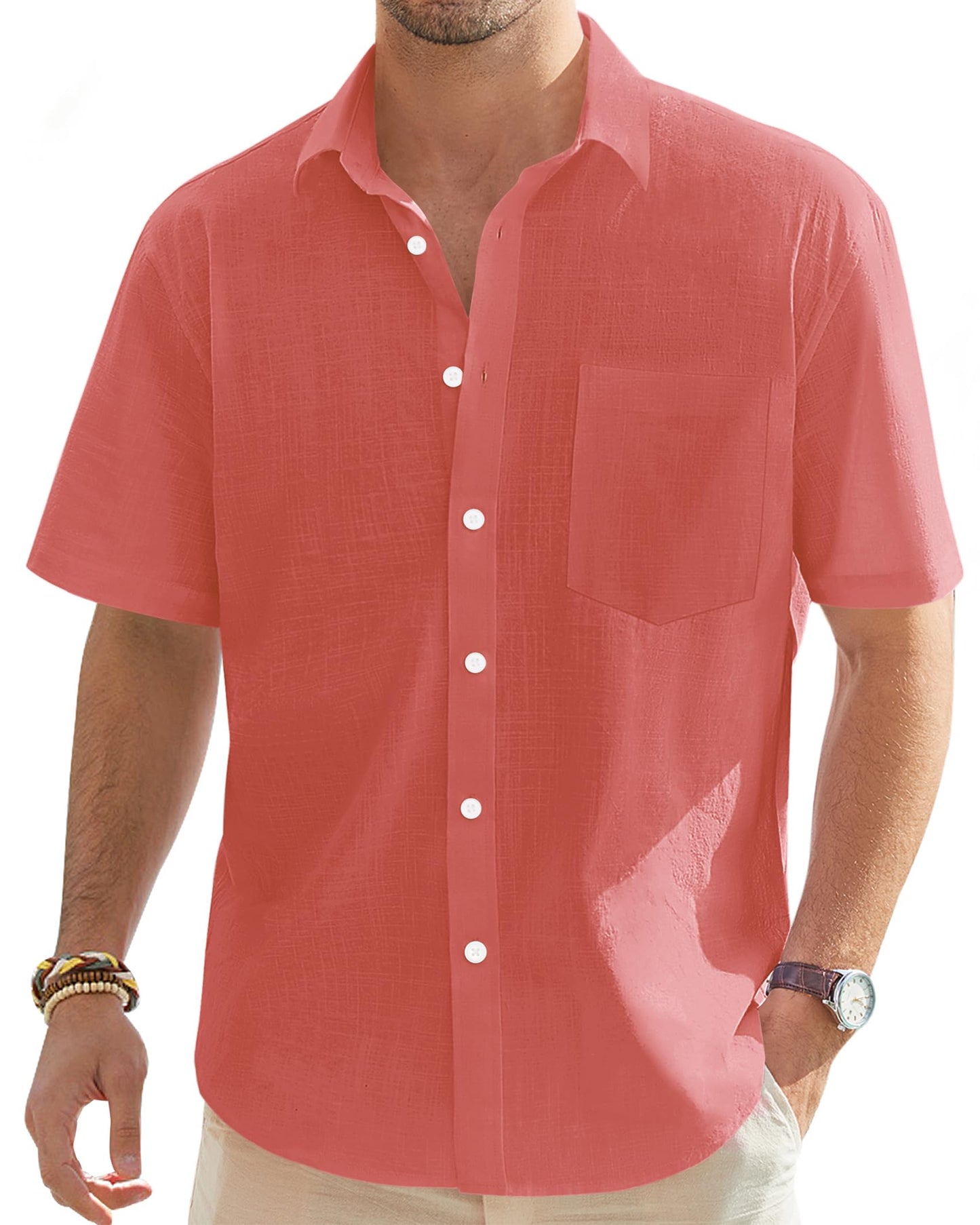 J.VER Men's Half Sleeve Linen Shirt Solid Casual Button Down Shirts Summer Beach T-Shirt with Pocket Coral Medium