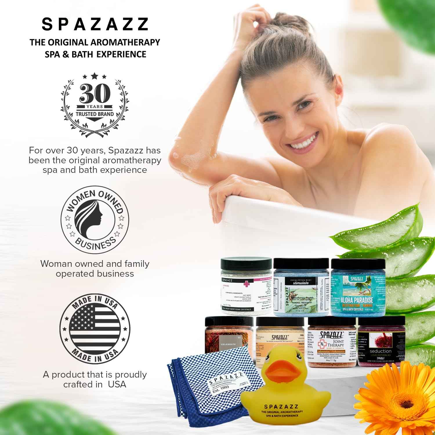 Spazazz Hot Tub Aromatherapy Gift Bundle- Seven- 4 Oz Spazazz Hot Tub Aromatherapy Bath Salt Crystals Sampler Jars Plus Hot/Cold Towel and Rubber Duck - Seven Distinct Scents of Bath and Spa Salts