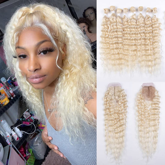 Synthetic Hair 613 Blonde Bundles With Simple Closure Weave Bundles With Frontal Swiss Lace Kinky Curly Hair For Women 9pcs Water Wave 20 Inch 240G High Temperature Fiber